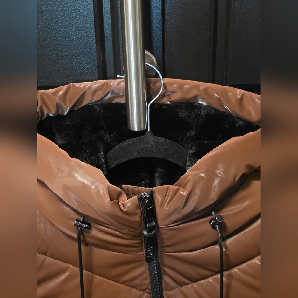 DKNY Quilted Puffer Snow Jacket in Brown Gloss with Faux Fur Hood - Picture 3 of 11
